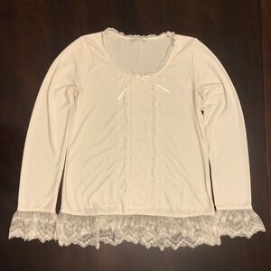 Pink House Japan White Long Sleeve Blouse Size M Ribbon Neck Floral Flared Cuffs